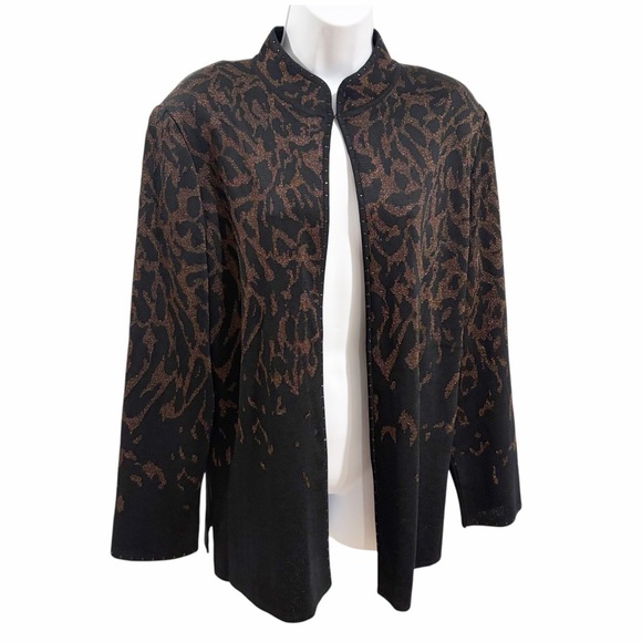 Ming Wang Sweaters - Ming Wang Animal Print Rhinestone Trim Knit Cardigan Jacket size Large